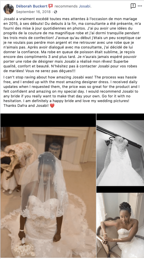 Deborah's facebook testimonial about her custom JoSaBi wedding dress
