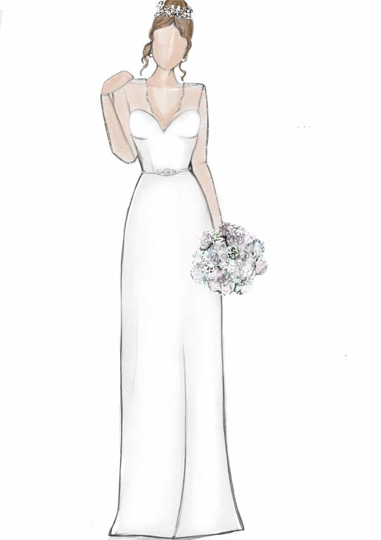 Sketch of a sheath wedding dress shape on the JoSaBi Mariées blog