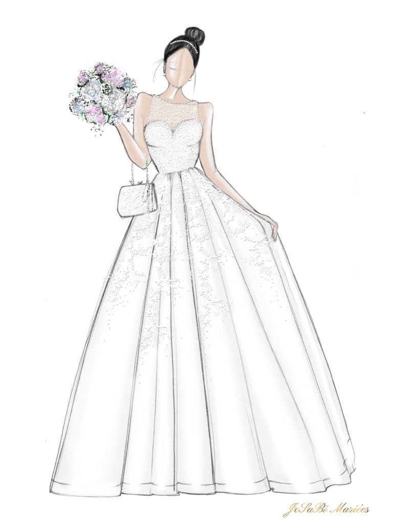 Sketch of an A-line wedding dress shape on the JoSaBi Mariées blog