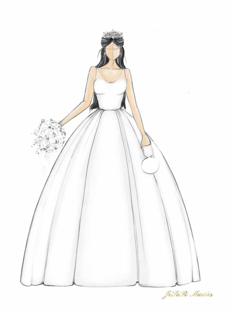 Sketch of a ball gown wedding dress shape silhouette on the JoSaBi Mariées blog