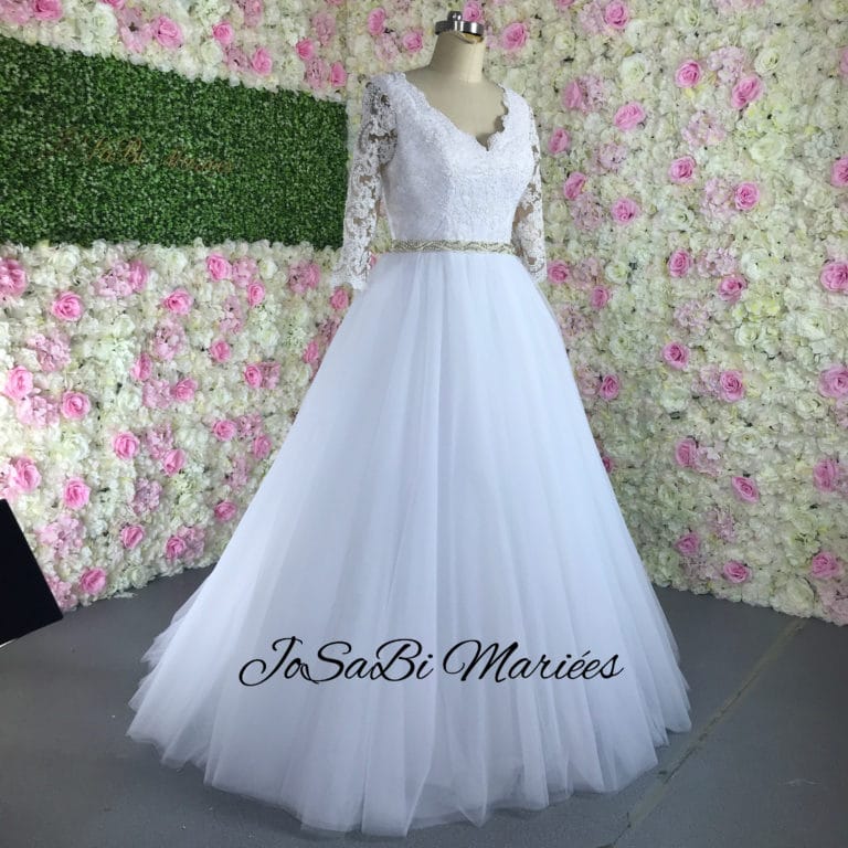 Tagèle P. 's custom A line wedding dress by JoSaBi Mariées