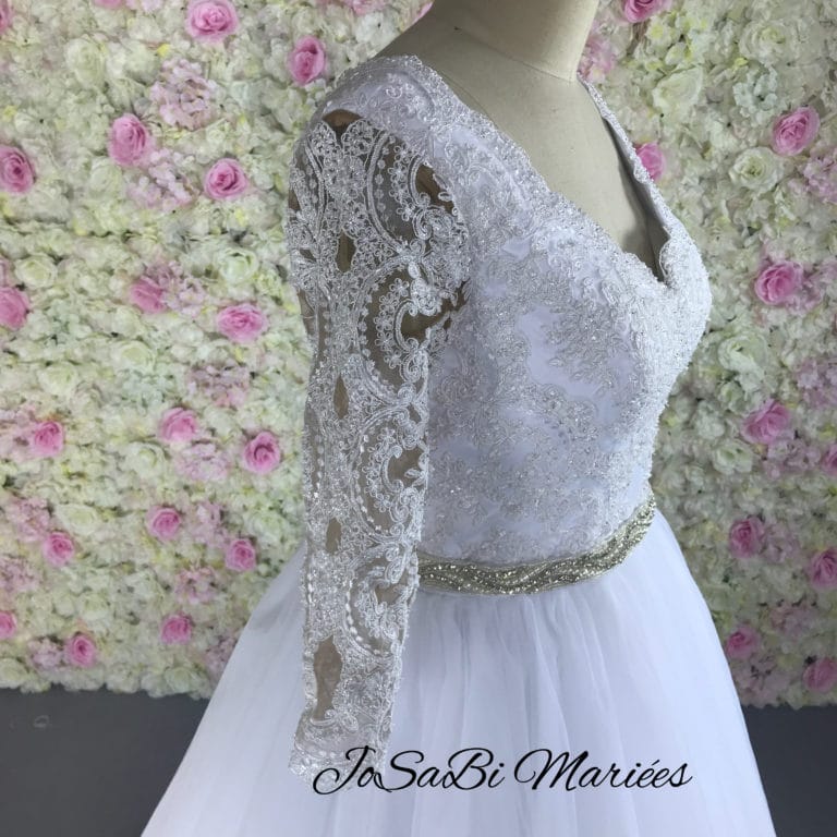 Tagèle P. 's custom A line wedding dress by JoSaBi Mariées