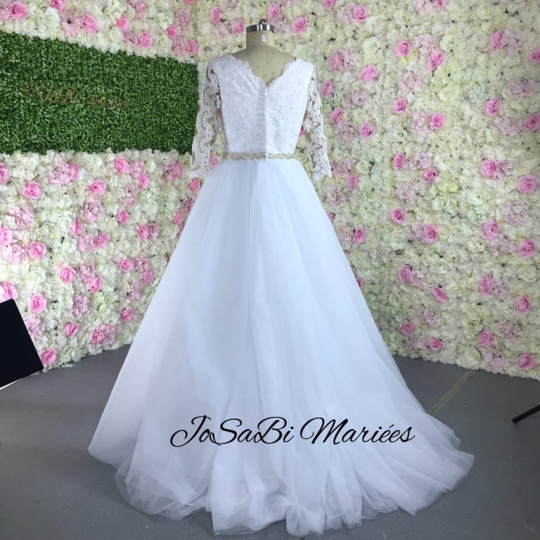 Tagèle P. 's custom A line wedding dress by JoSaBi Mariées