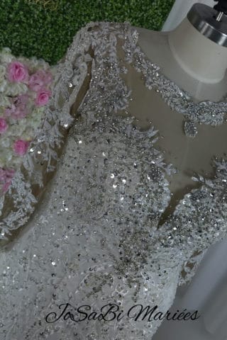 Jewel neckline custom wedding dress by JoSaBi Mariées