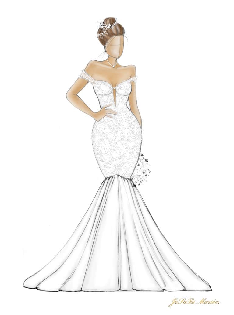 Sketch of a mermaid wedding dress shape on the JoSaBi Mariées blog