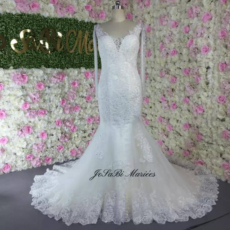 Champagne color mermaid V back wedding dress