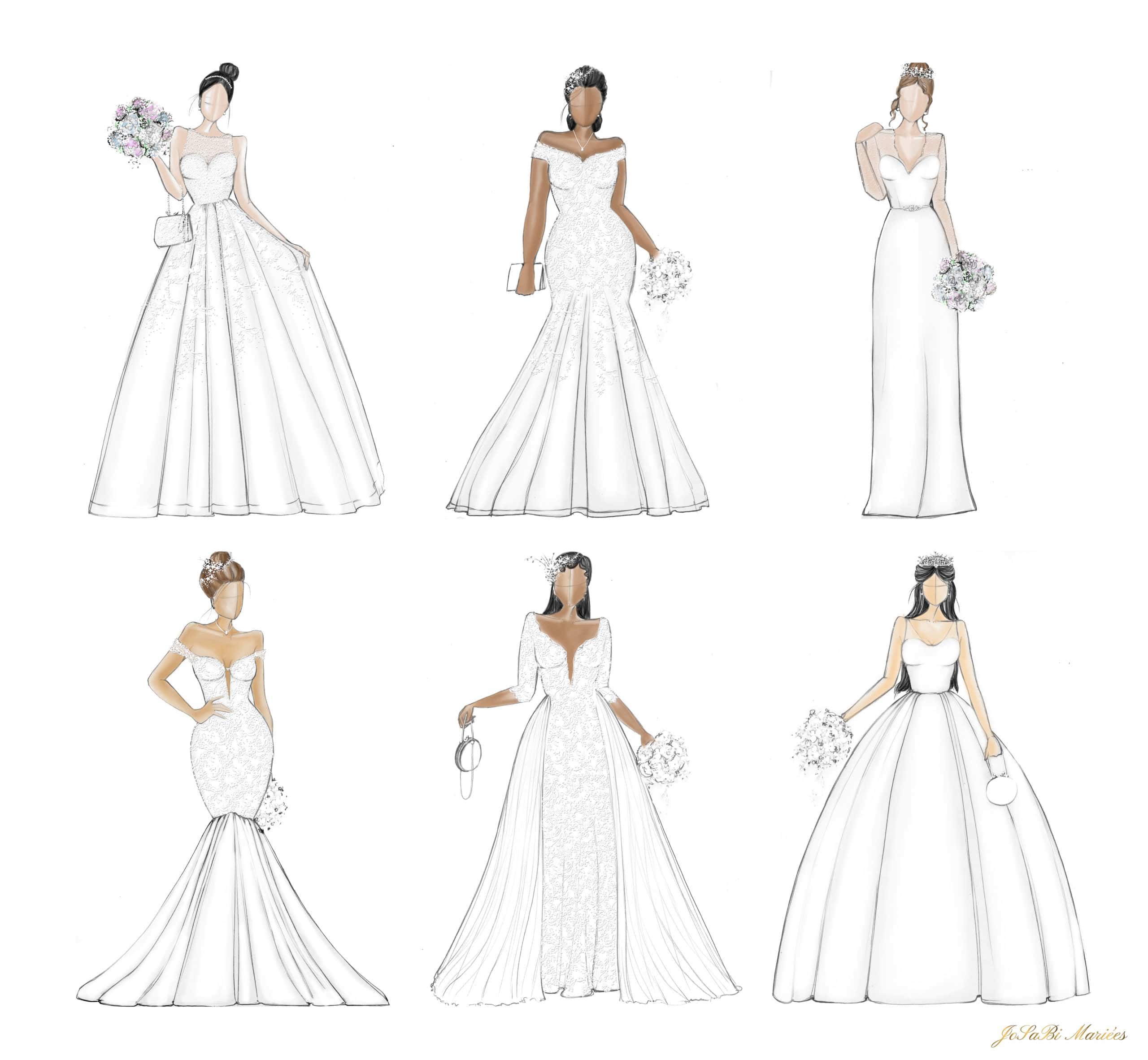 Sketch of Wedding dress shapes or silhouettes JoSaBi Mariées