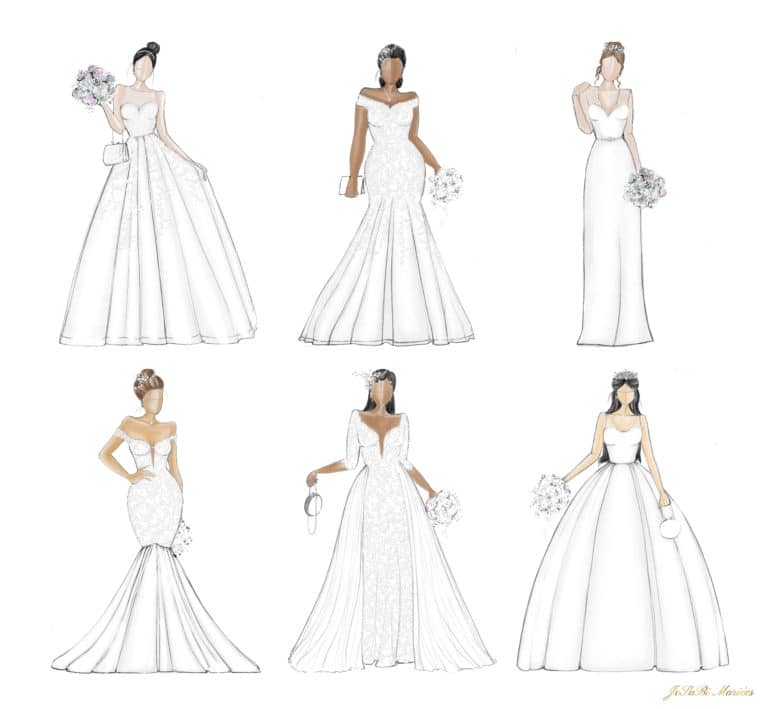 Croquis des différentes silhouettes de robes de mariée sur le blog de JoSaBi Mariées