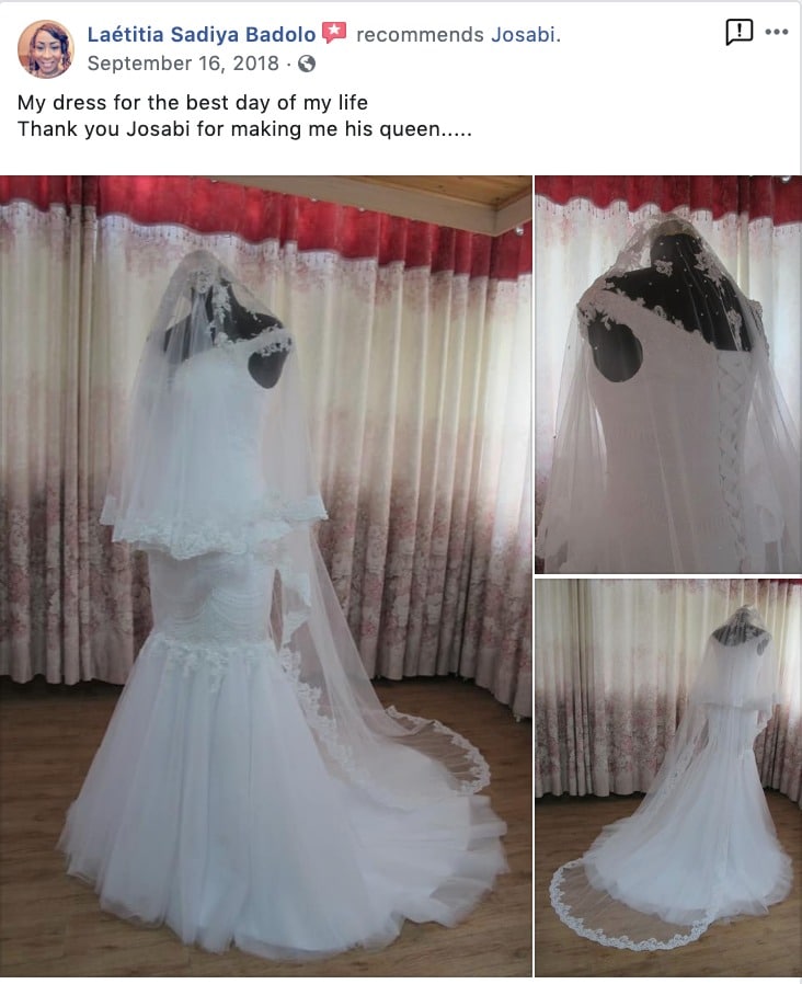 Laetitia's facebook testimonial about her custom JoSaBi wedding dress