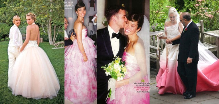 Celebrity pink blush wedding dresses Jessica Biel Portia de Rossi Gwen Stefani