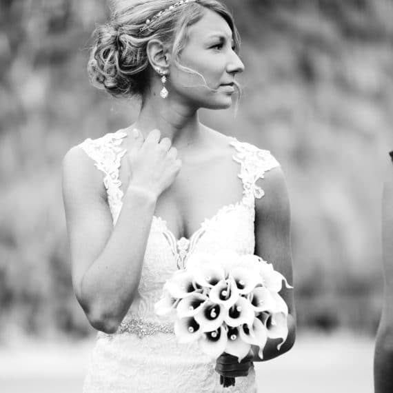 Bride wearing a wedding dress with a queen anne neckline on the JoSaBi blog