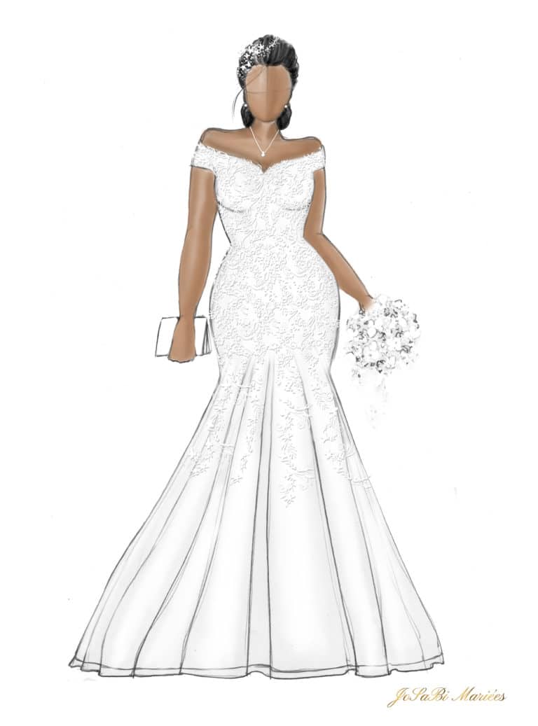 Sketch of a fit and flare wedding dress shape on the JoSaBi Mariées blog