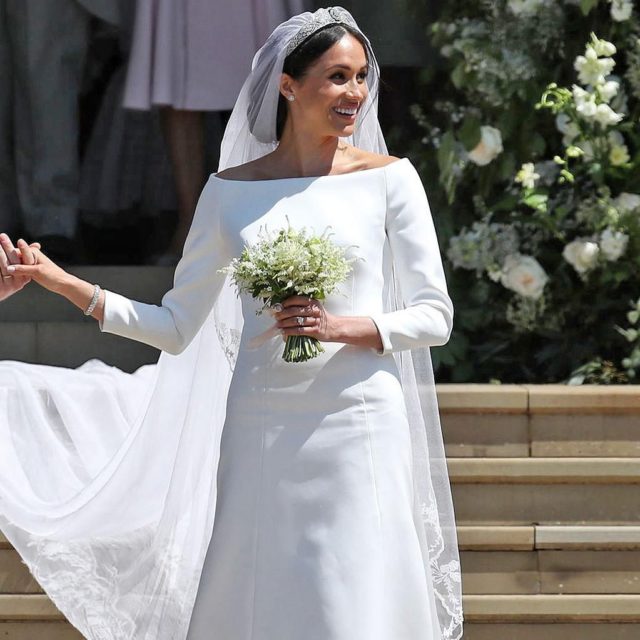 Meghan Markle in her bateau or boatneck wedding dress at her wedding to Prince Harry