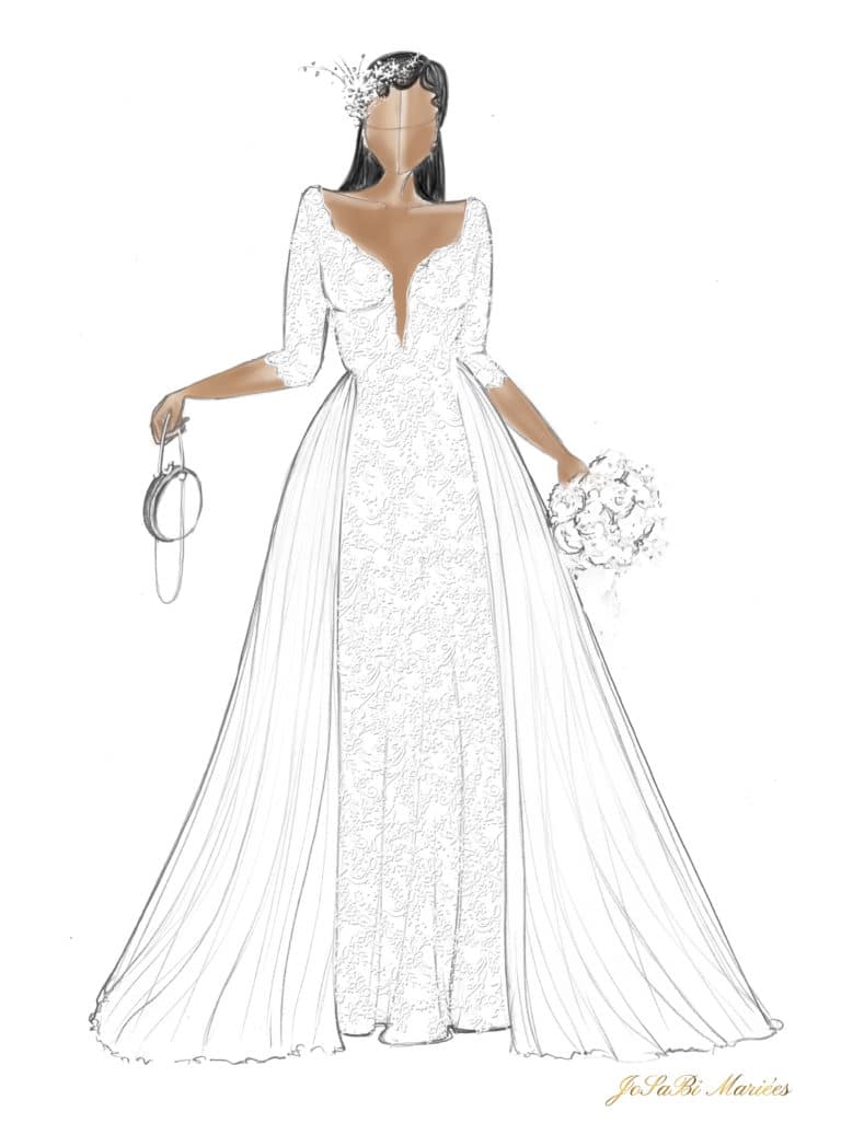 Sketch of a detachable or removable wedding dress shape on the JoSaBi Mariées blog