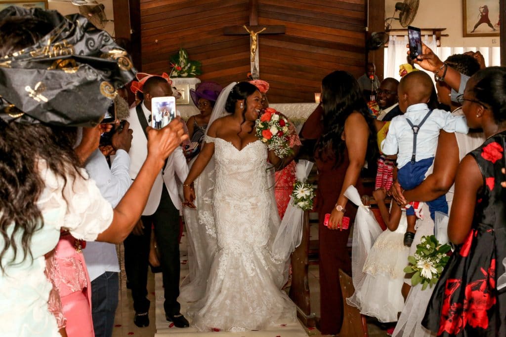 Vanessa M. in her custom mermaid wedding dress by JoSaBi Mariées