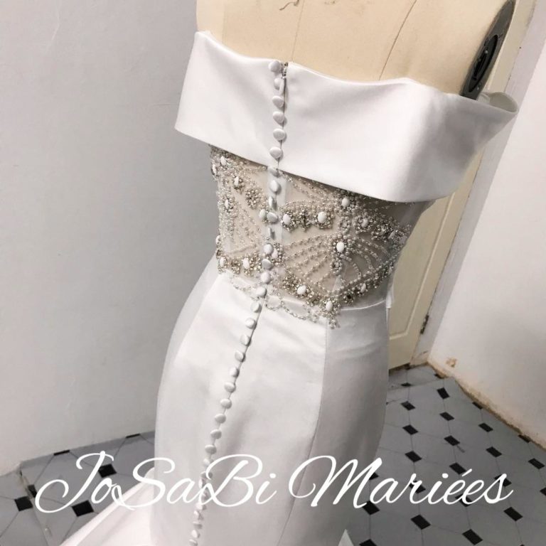 Beaded back for Sophie's custom satin wedding dress