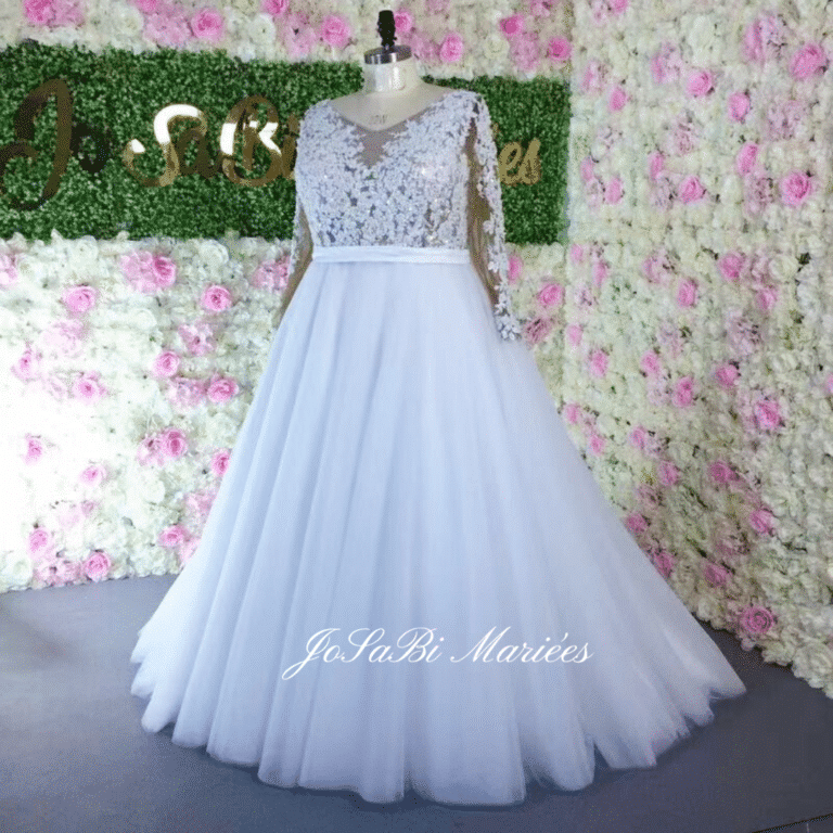 Custom A line lace wedding dress by JoSaBi