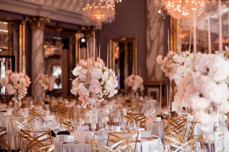 Wedding bridal flower arrangements in champagne rose gold