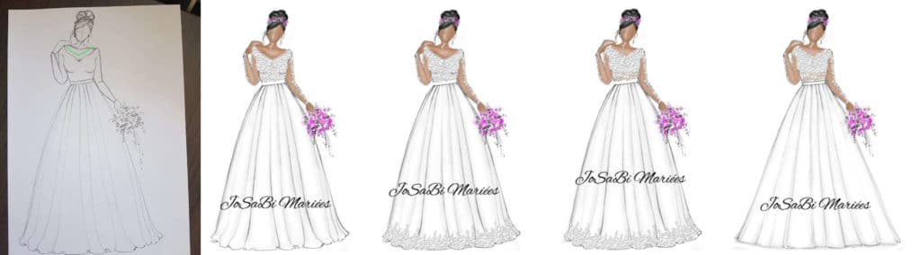 Custom wedding dress sketch evolution JoSaBi Mariées