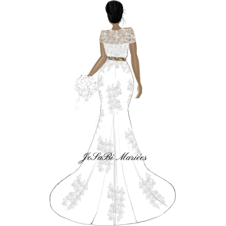 Dessin de robe de mariée fourreau avec tissu africain