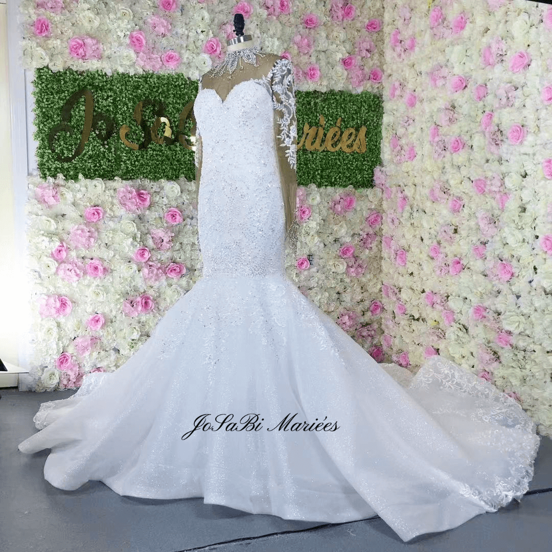 Bedazzled mermaid wedding dress long train